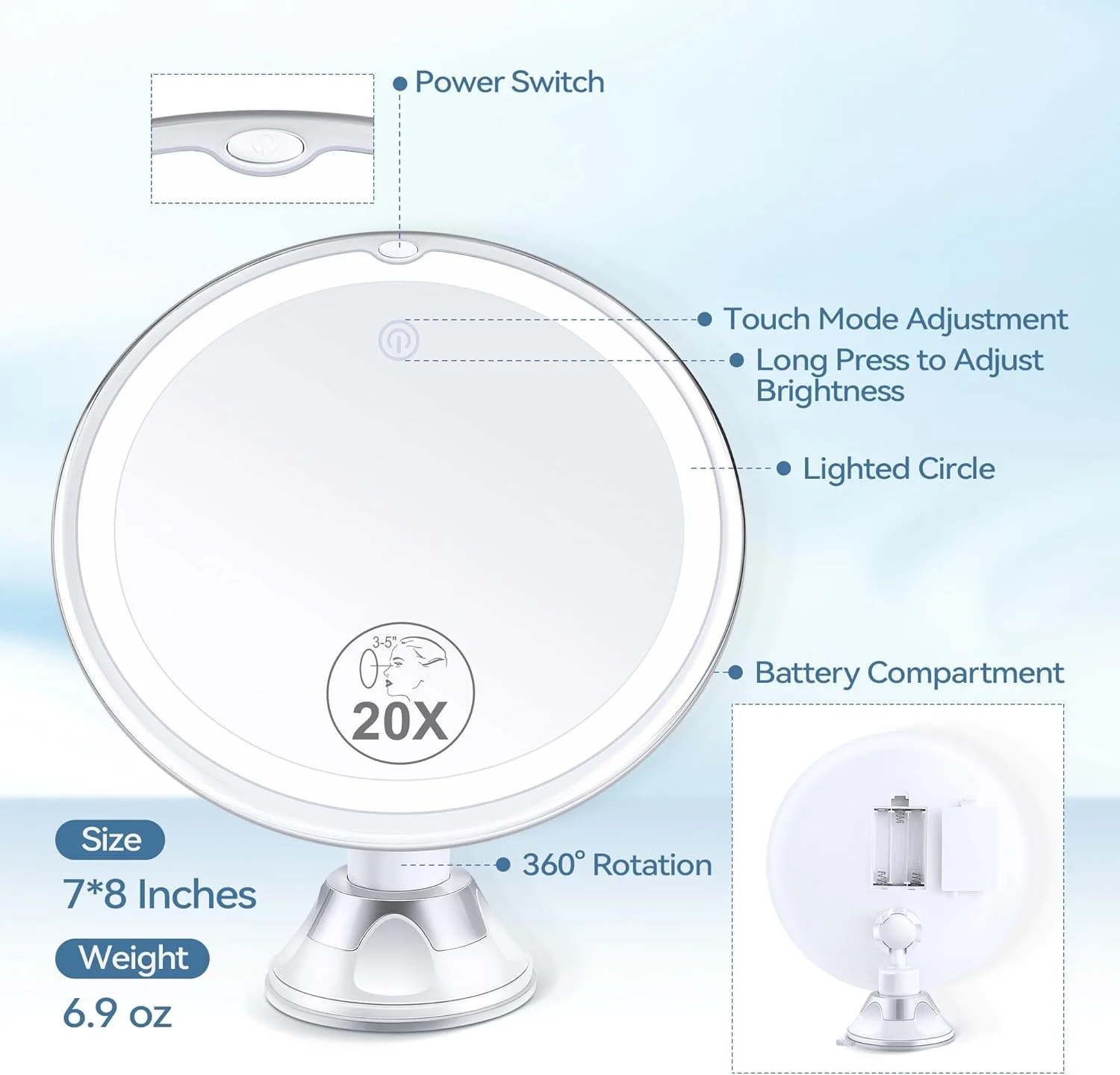 آینه بزرگنمایی دار چراغ دار ارتقا یافته MIYADIVA 2025، آینه آرایشی چراغ دار 20 برابر با مکنده و موچین، آینه روشنایی 3 رنگ، آرایش با چراغ 8 اینچی