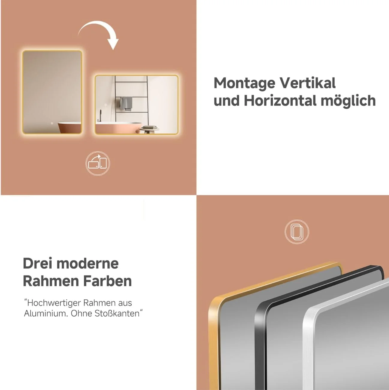 آینه حمام LED ضد بخار HOKO® Missouri با ابعاد 60x80 سانتی متر / 80x60 سانتی متر با قاب فلزی طلایی، نصب به صورت افقی و عمودی، دارای کلید لمسی + تغییر نور 2700-6500 کلوین سفید گرم و سفید سرد آینه حمام LED ضد بخار HOKO® Missouri با ابعاد 60x80 سانتی متر / 80x60 سانتی متر با قاب فلزی طلایی، نصب به صورت افقی و عمودی، دارای کلید لمسی + تغییر نور 2700-6500 کلوین سفید گرم و سفید سرد