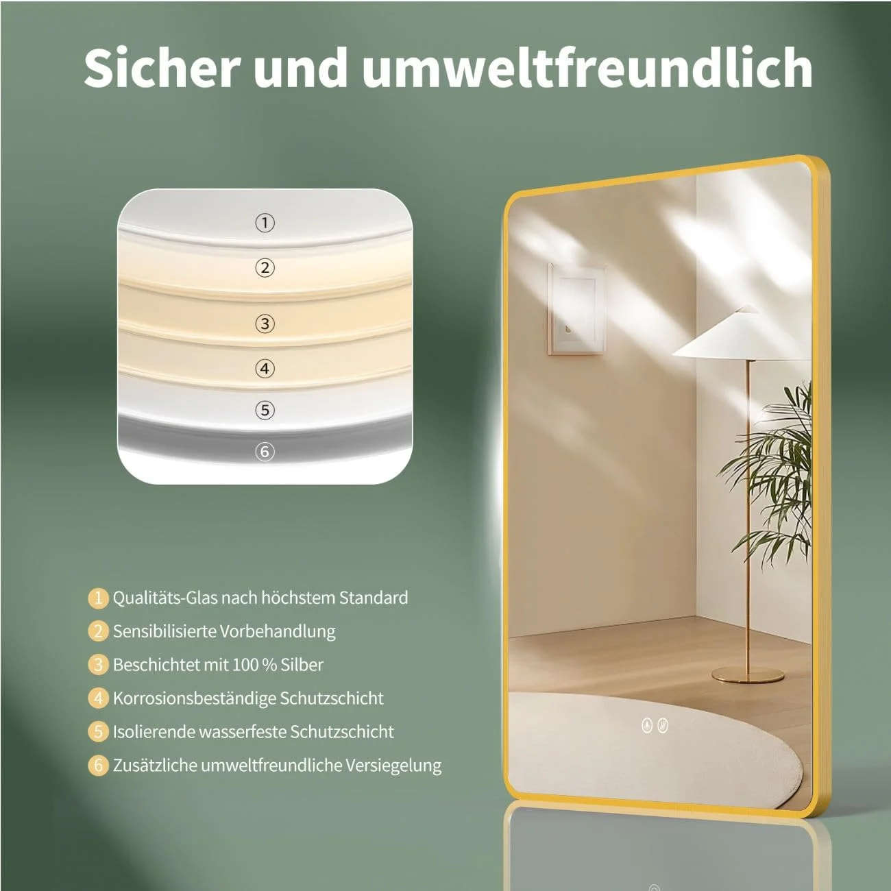 آینه حمام LED ضد بخار HOKO® Missouri با ابعاد 60x80 سانتی متر / 80x60 سانتی متر با قاب فلزی طلایی، نصب به صورت افقی و عمودی، دارای کلید لمسی + تغییر نور 2700-6500 کلوین سفید گرم و سفید سرد آینه حمام LED ضد بخار HOKO® Missouri با ابعاد 60x80 سانتی متر / 80x60 سانتی متر با قاب فلزی طلایی، نصب به صورت افقی و عمودی، دارای کلید لمسی + تغییر نور 2700-6500 کلوین سفید گرم و سفید سرد