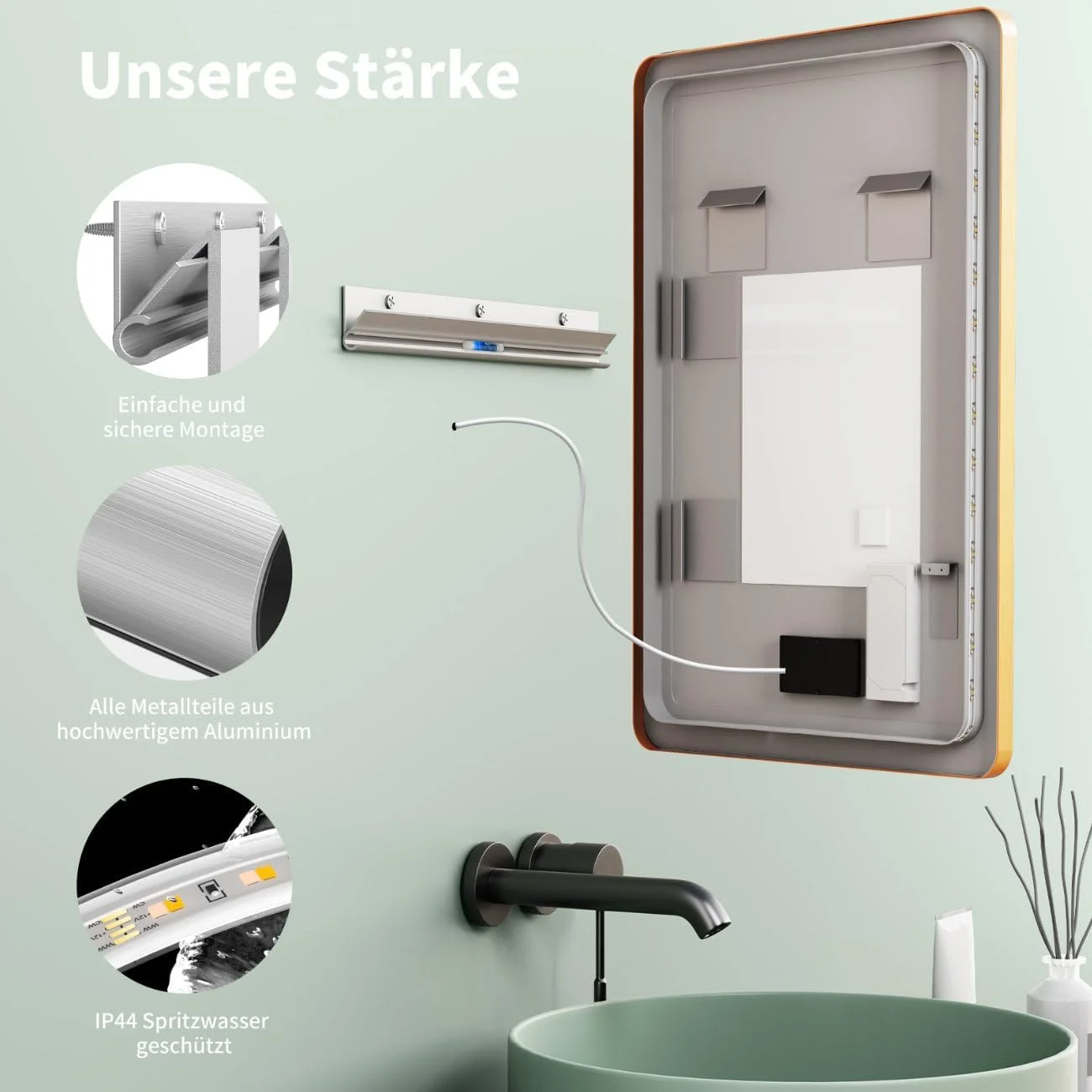 آینه حمام LED ضد بخار HOKO® Missouri با ابعاد 60x80 سانتی متر / 80x60 سانتی متر با قاب فلزی طلایی، نصب به صورت افقی و عمودی، دارای کلید لمسی + تغییر نور 2700-6500 کلوین سفید گرم و سفید سرد آینه حمام LED ضد بخار HOKO® Missouri با ابعاد 60x80 سانتی متر / 80x60 سانتی متر با قاب فلزی طلایی، نصب به صورت افقی و عمودی، دارای کلید لمسی + تغییر نور 2700-6500 کلوین سفید گرم و سفید سرد