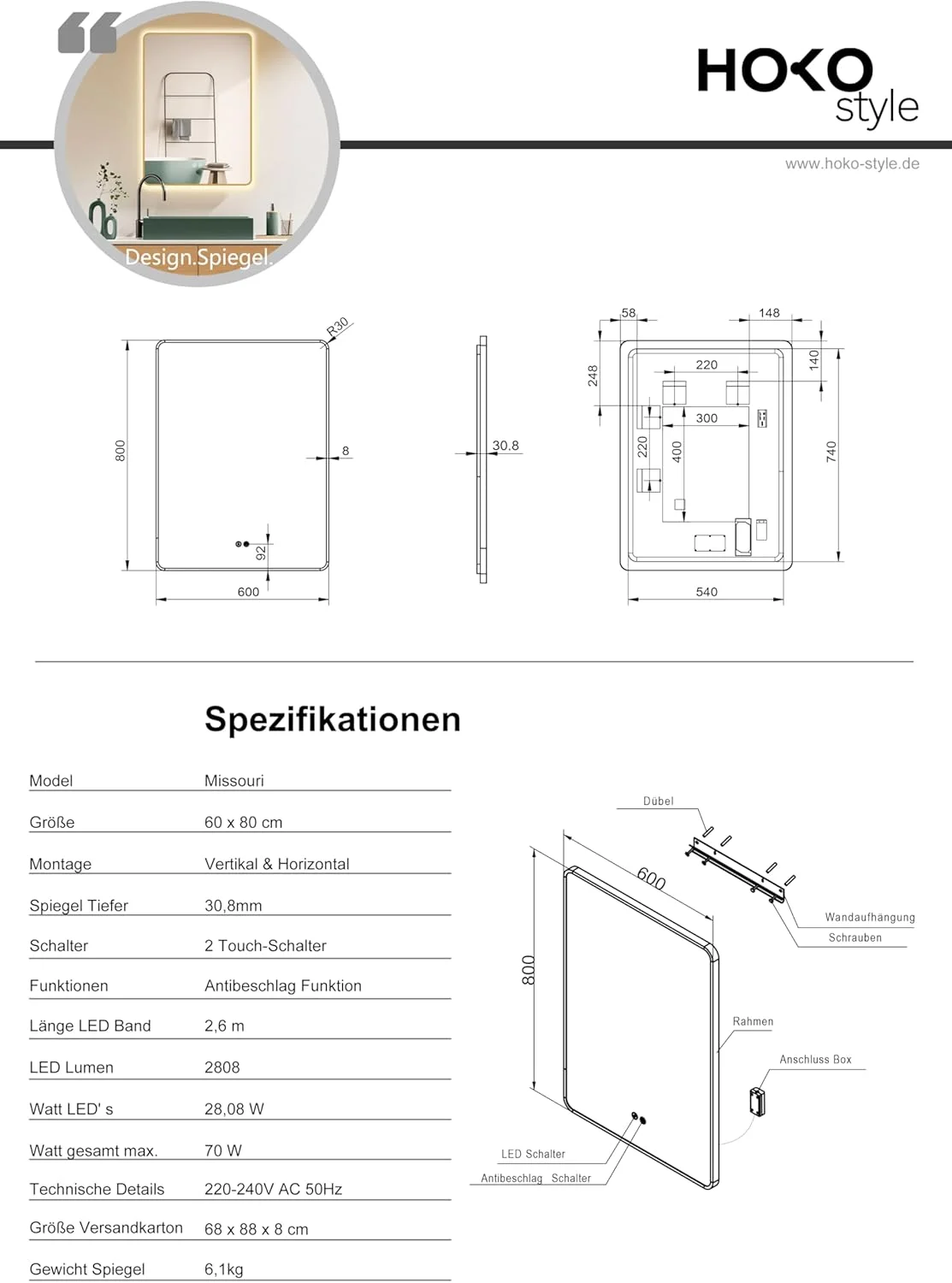 آینه حمام LED ضد بخار HOKO® Missouri با ابعاد 60x80 سانتی متر / 80x60 سانتی متر با قاب فلزی طلایی، نصب به صورت افقی و عمودی، دارای کلید لمسی + تغییر نور 2700-6500 کلوین سفید گرم و سفید سرد آینه حمام LED ضد بخار HOKO® Missouri با ابعاد 60x80 سانتی متر / 80x60 سانتی متر با قاب فلزی طلایی، نصب به صورت افقی و عمودی، دارای کلید لمسی + تغییر نور 2700-6500 کلوین سفید گرم و سفید سرد
