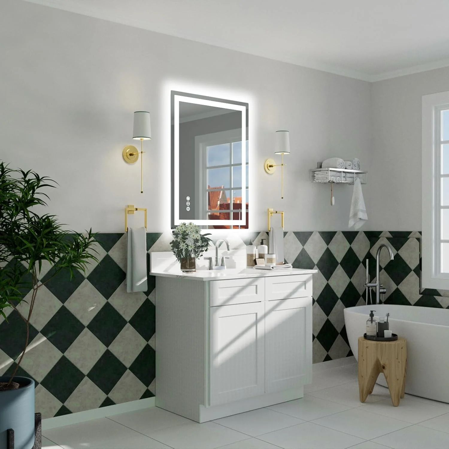 آینه حمام LED miskerm با ابعاد 81 در 61 سانتیمتر، دارای چراغ، ضد بخار، نور پسزمینه و نور جلو قابل تنظیم، آینه روشویی حمام چراغدار برای دیوار آینه حمام LED miskerm با ابعاد 81 در 61 سانتیمتر، دارای چراغ، ضد بخار، نور پسزمینه و نور جلو قابل تنظیم، آینه روشویی حمام چراغدار برای دیوار