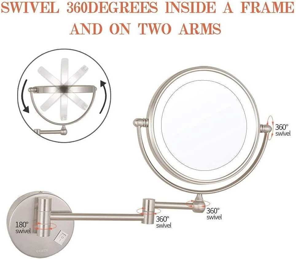 آینه آرایشی دیواری LED با نور پس زمینه، 8 اینچی، نیکل، دو طرفه، برنجی، قابل افزایش طول، مناسب حمام، با بزرگنمایی، دارای کلید و دوشاخه 5X Leunlee آینه آرایشی دیواری LED با نور پس زمینه، 8 اینچی، نیکل، دو طرفه، برنجی، قابل افزایش طول، مناسب حمام، با بزرگنمایی، دارای کلید و دوشاخه 5X Leunlee