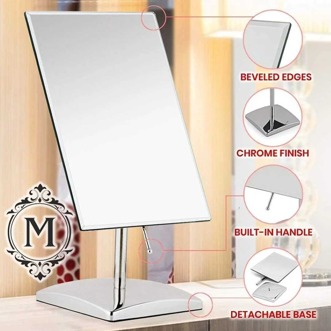 آینه ایستاده بزرگ MIRRORVANA® برای روی میز حمام، میز آرایش، میز کار و روشویی اتاق خواب - آینه بدون قاب واقعی برای آرایش و اصلاح - 25 x 18 سانتی متر - کروم