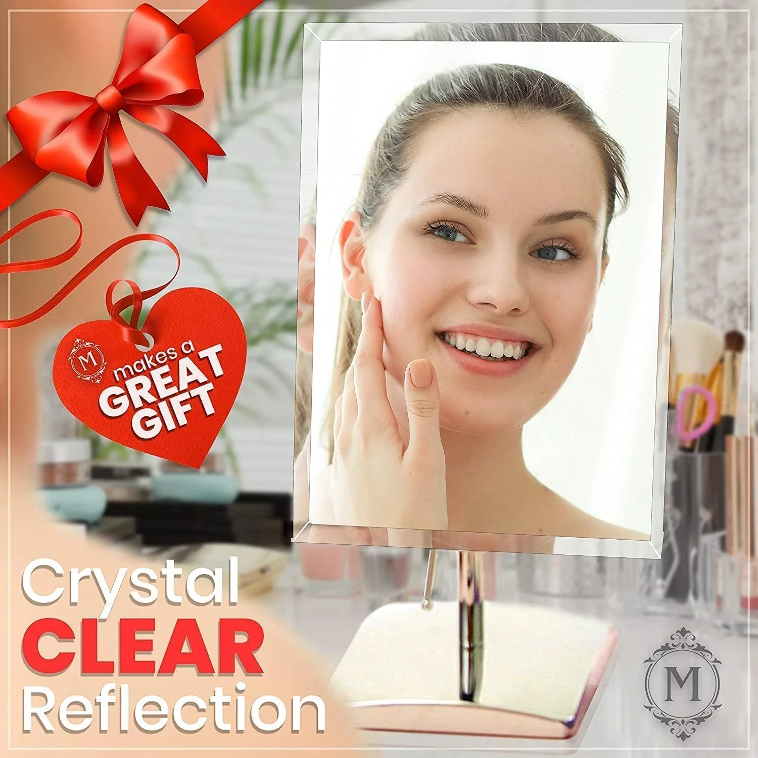 آینه ایستاده بزرگ MIRRORVANA® برای روی میز حمام، میز آرایش، میز کار و روشویی اتاق خواب - آینه بدون قاب واقعی برای آرایش و اصلاح - 25 x 18 سانتی متر - کروم