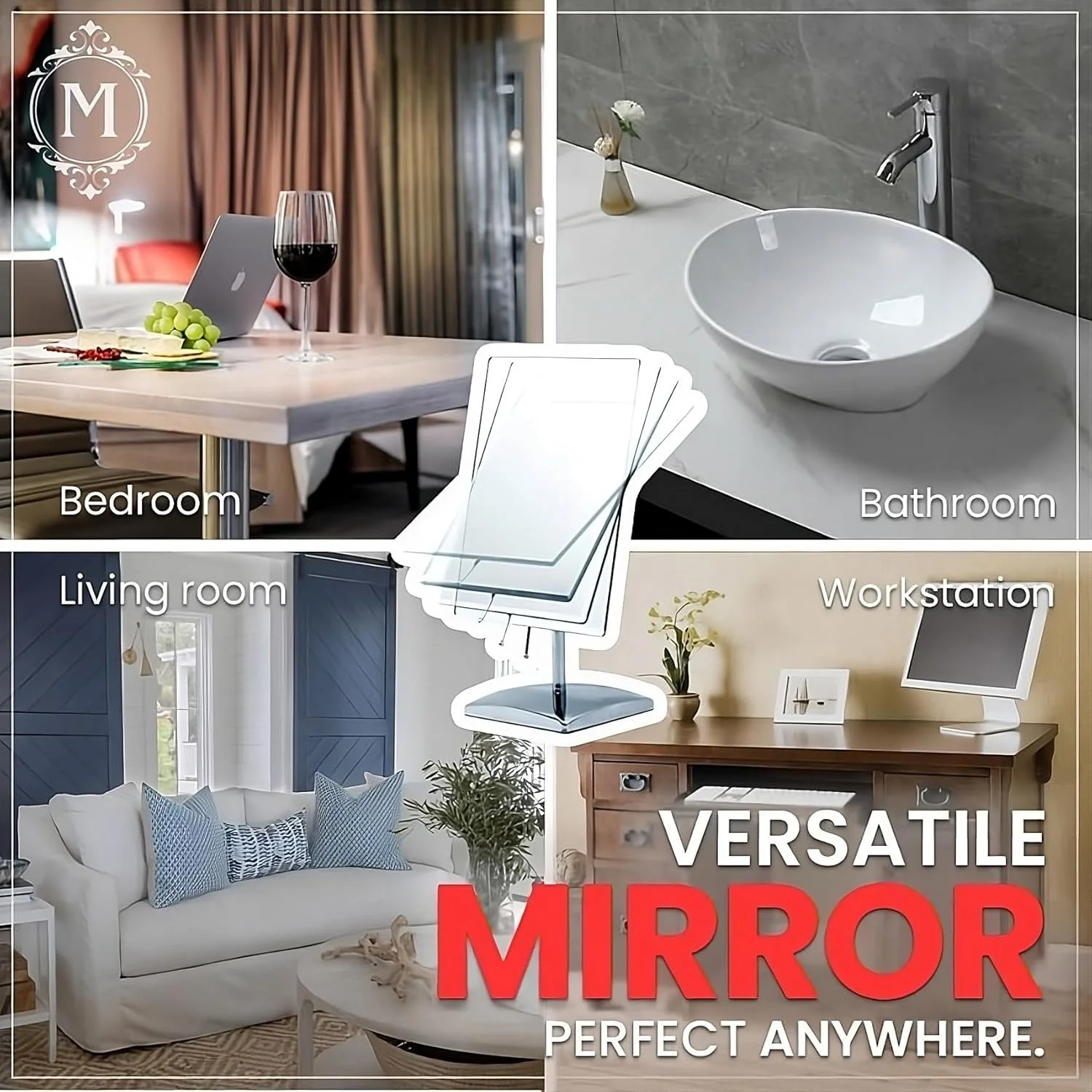 آینه ایستاده بزرگ MIRRORVANA® برای روی میز حمام، میز آرایش، میز کار و روشویی اتاق خواب - آینه بدون قاب واقعی برای آرایش و اصلاح - 25 x 18 سانتی متر - کروم