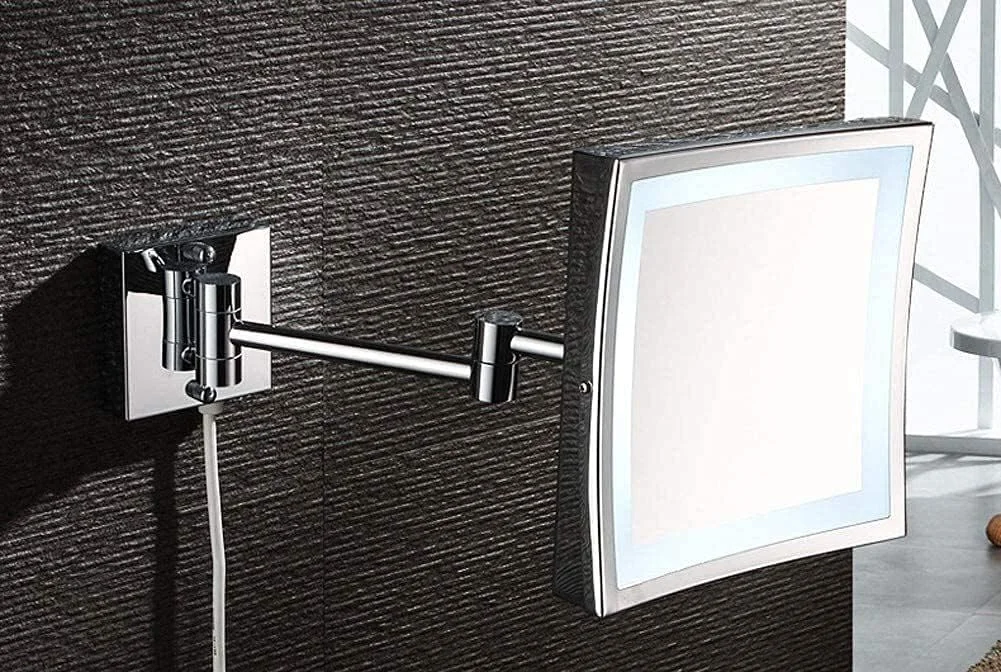 آینه حمام LED با نور برای روشویی هتل با سطح مربع بزرگنمایی 3 برابری قابل تنظیم و تلسکوپی با روکش کروم
