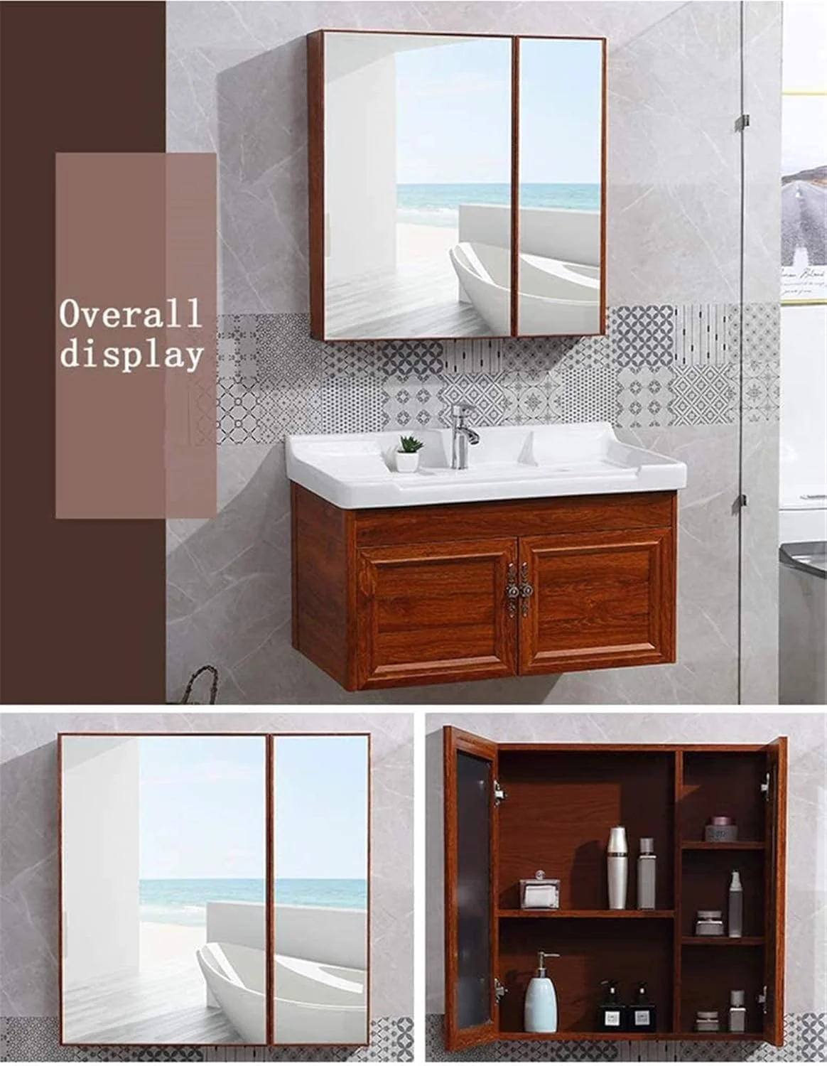 آینه کابینتی حمام آلومینیومی دیواری با آینه روشویی (طرح چوب قرمز 60x70x13 سانتی متر) (طرح چوب قرمز 60x70x13 سانتی متر)