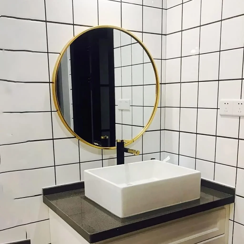 آینه گرد دیواری، آینه دیواری، آینه حمام، آینه آرایش، آینه میز آرایش اتاق خواب، آینه دکور راهرو، آینه با قاب فلزی (رنگ: طلایی، اندازه: 40 سانتی متر / 15.7 اینچ)