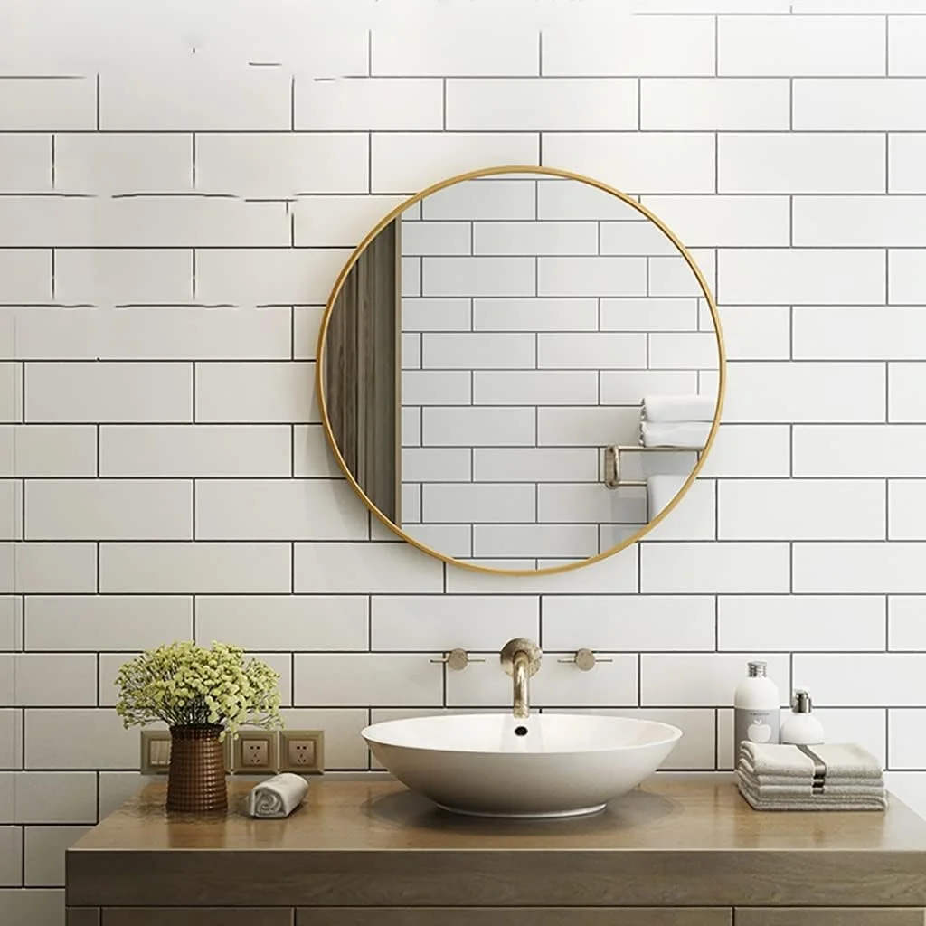 آینه گرد دیواری، آینه دیواری، آینه حمام، آینه آرایش، آینه میز آرایش اتاق خواب، آینه دکور راهرو، آینه با قاب فلزی (رنگ: طلایی، اندازه: 40 سانتی متر / 15.7 اینچ)