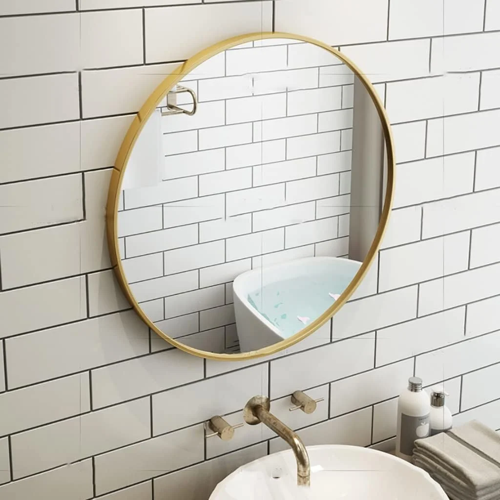 آینه گرد دیواری، آینه دیواری، آینه حمام، آینه آرایش، آینه میز آرایش اتاق خواب، آینه دکور راهرو، آینه با قاب فلزی (رنگ: طلایی، اندازه: 40 سانتی متر / 15.7 اینچ)