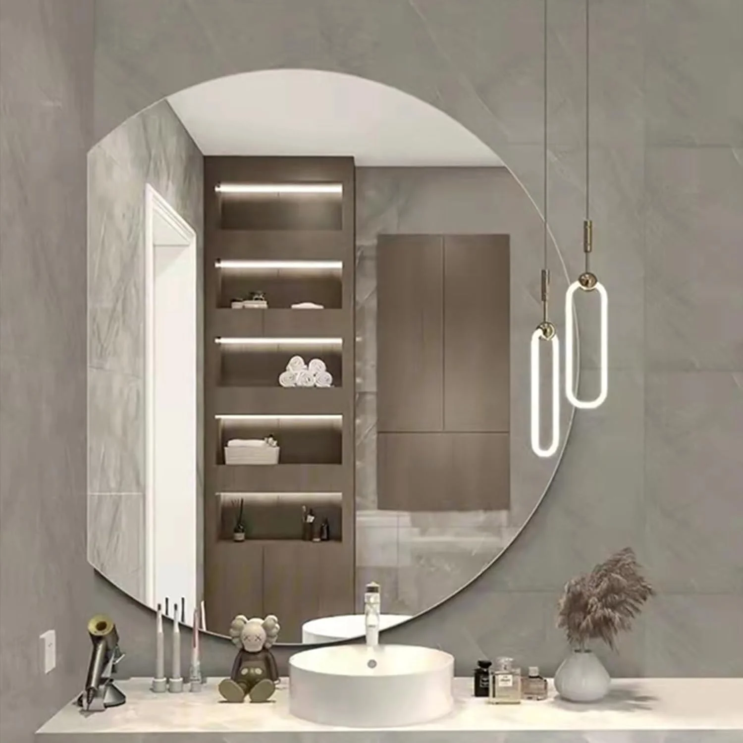 آینه نیم دایره، آینه های نیم دایره برای دیوار، آینه های نیم ماه برای دیوار، آینه روشویی LED دیمر پذیر نیم دایره، آینه نورانی با پد ضد بخار، آینه حمام ضد مه، 3 رنگ دیمر پذیر (سفید)