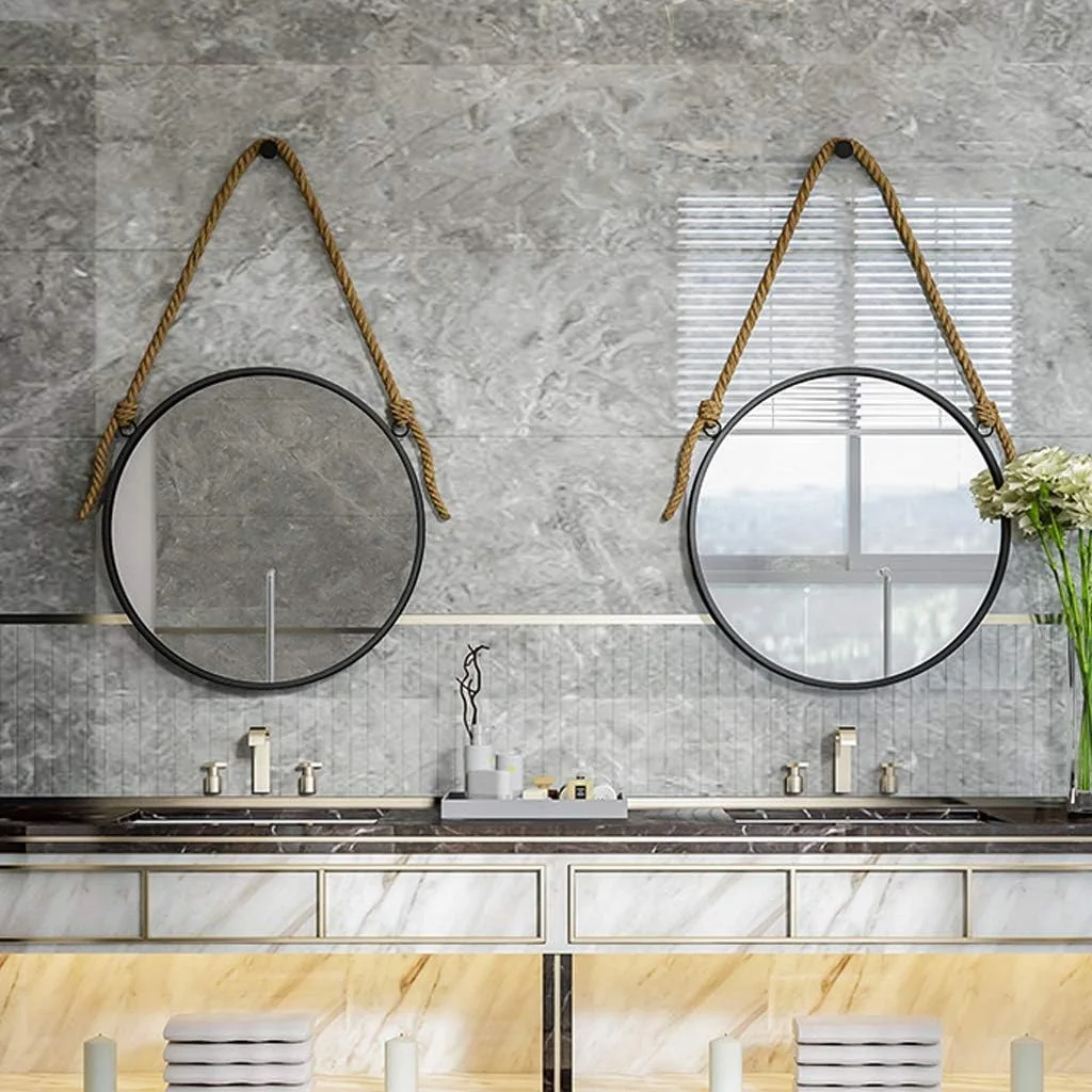 آینه آرایشی آینه حمام آینه رومیزی آینه گرد با قاب فلزی با آینه لهجه روستایی CHD طراحی ساده و ظریف / مشکی / 50 سانتی متر (رنگ: مشکی، سایز: 60 سانتی متر)