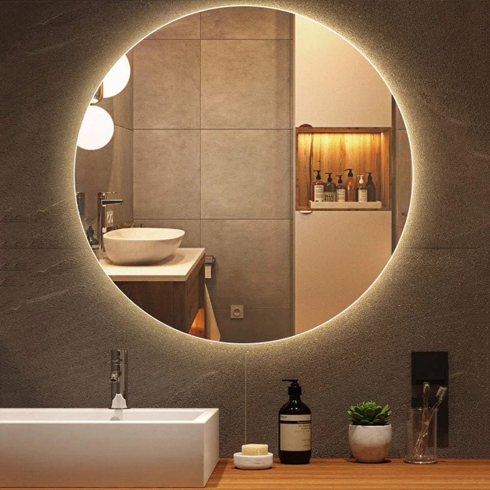 آینه حمام LED دار، آینه گرد دیواری بدون کلید ضد بخار، نور پس زمینه، آینه نقره ای 5 میلی متری بدون مس / B / 50 سانتی متر / 19.7 اینچ