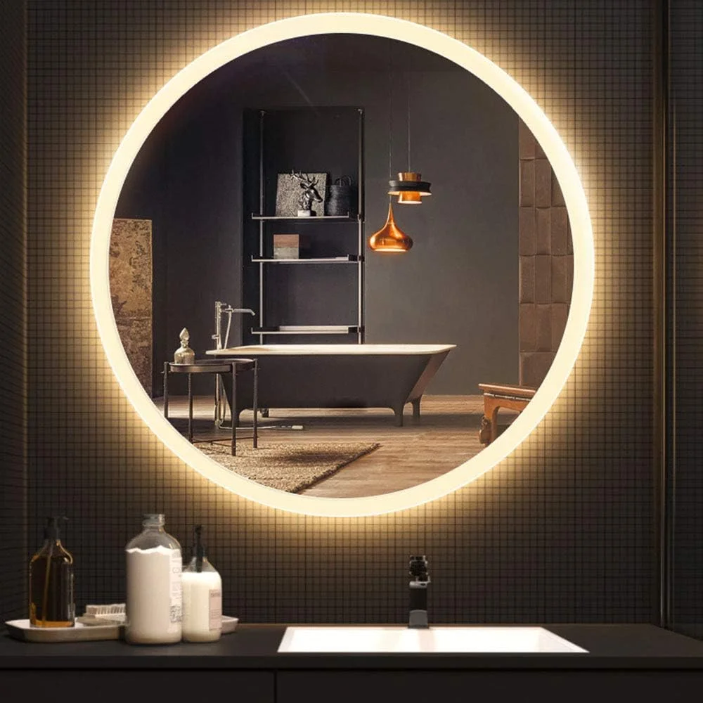 آینه حمام LED دار، آینه آرایش گرد بدون قاب دیواری با نور، آینه نقره ای با کیفیت بالا 5 میلی متری / B / 60 سانتی متر / 23.6 اینچ