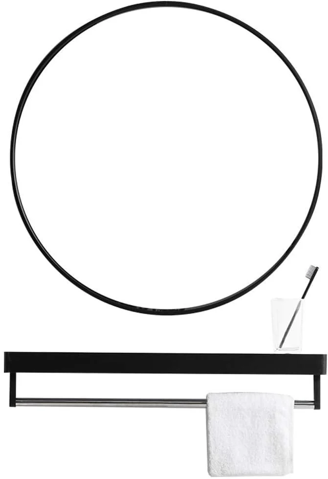 آینه آرایشی، آینه حمام، آینه رومیزی، آینه گرد طلایی دیواری با قفسه، کیت کامل فلزی بزرگ / مشکی / 60 سانتی متر (رنگ: مشکی، سایز: 60 سانتی متر)
