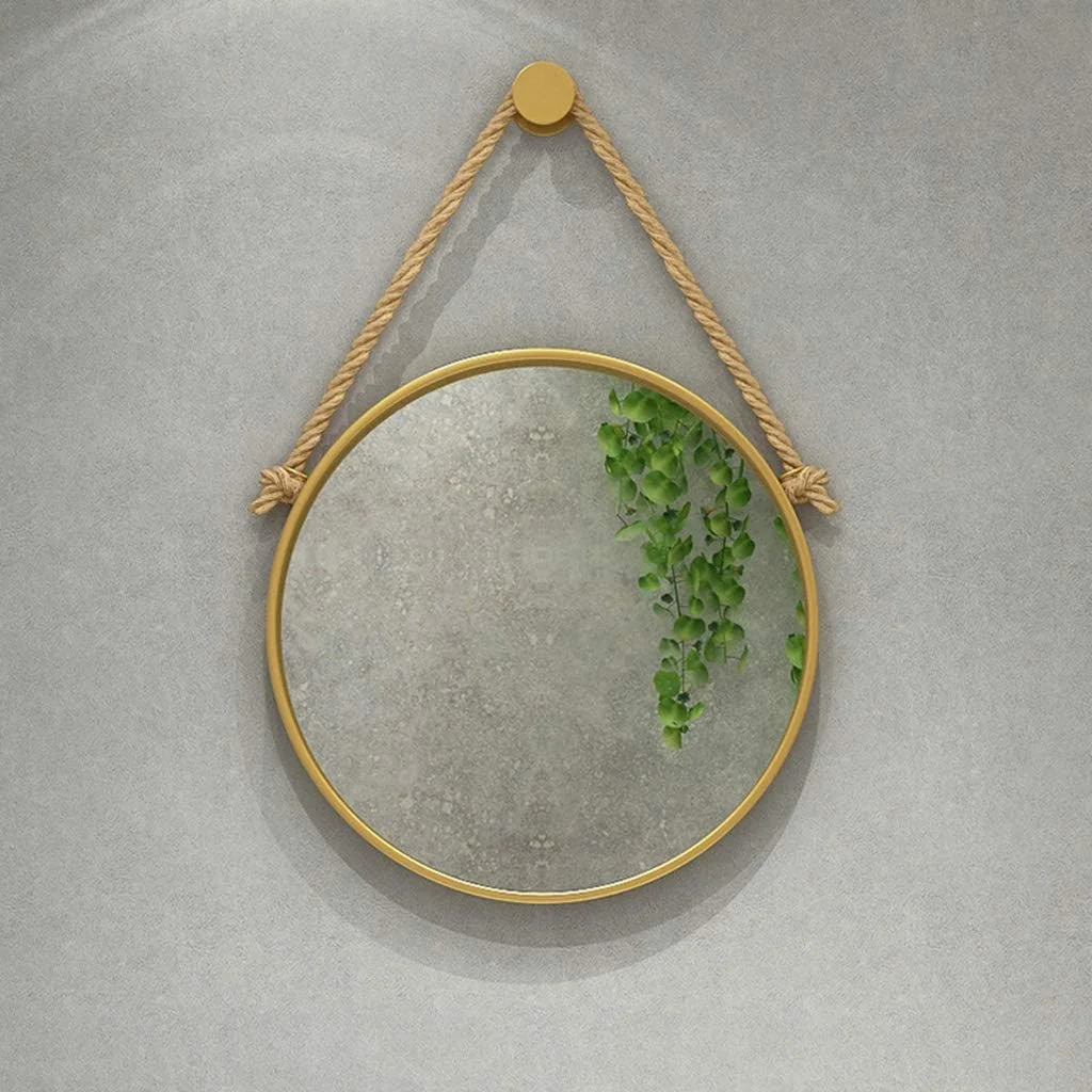 آینه آرایشی آینه حمام آینه رومیزی آینه دیواری آینه گرد آویز تزئینی با طناب کنفی/طلایی/40 سانتی متر (رنگ: طلایی، سایز: 50 سانتی متر)