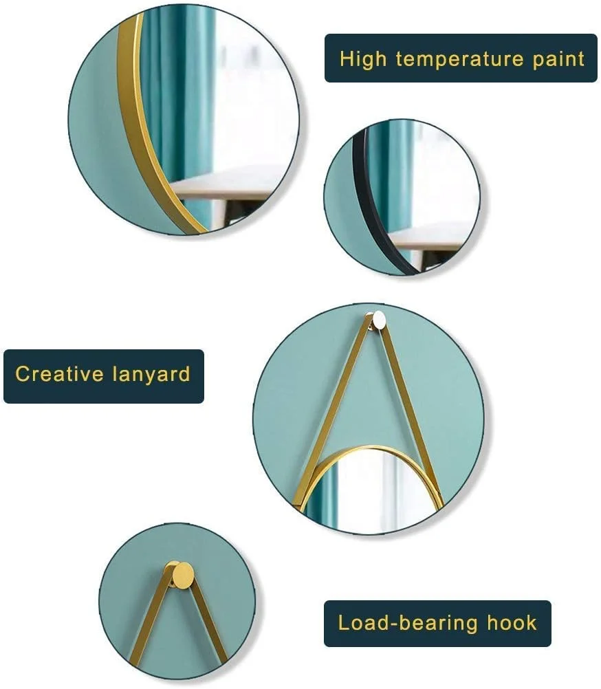 آینه آرایشی آینه حمام آینه رومیزی با حلقه های فلزی نصب آسان برای دکوراسیون منزل اتاق نشیمن/طلایی/50 سانتی متر (رنگ: مشکی، سایز: 40 سانتی متر)