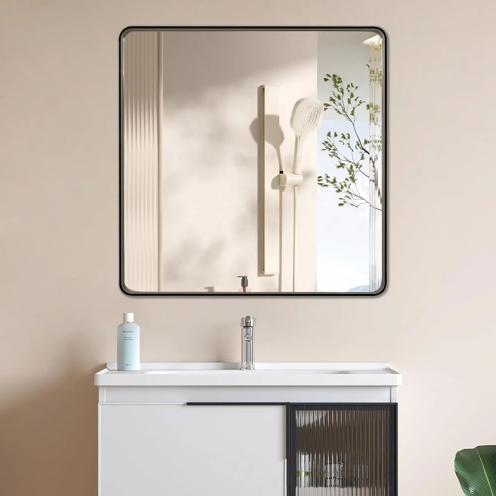 آینه حمام قاب فلزی مشکی Miroro، مستطیلی گرد، ضد زنگ، شیشه حرارت دیده، قابل نصب افقی یا عمودی، ابعاد 76.2 سانتی متر طول و 76.2 سانتی متر عرض