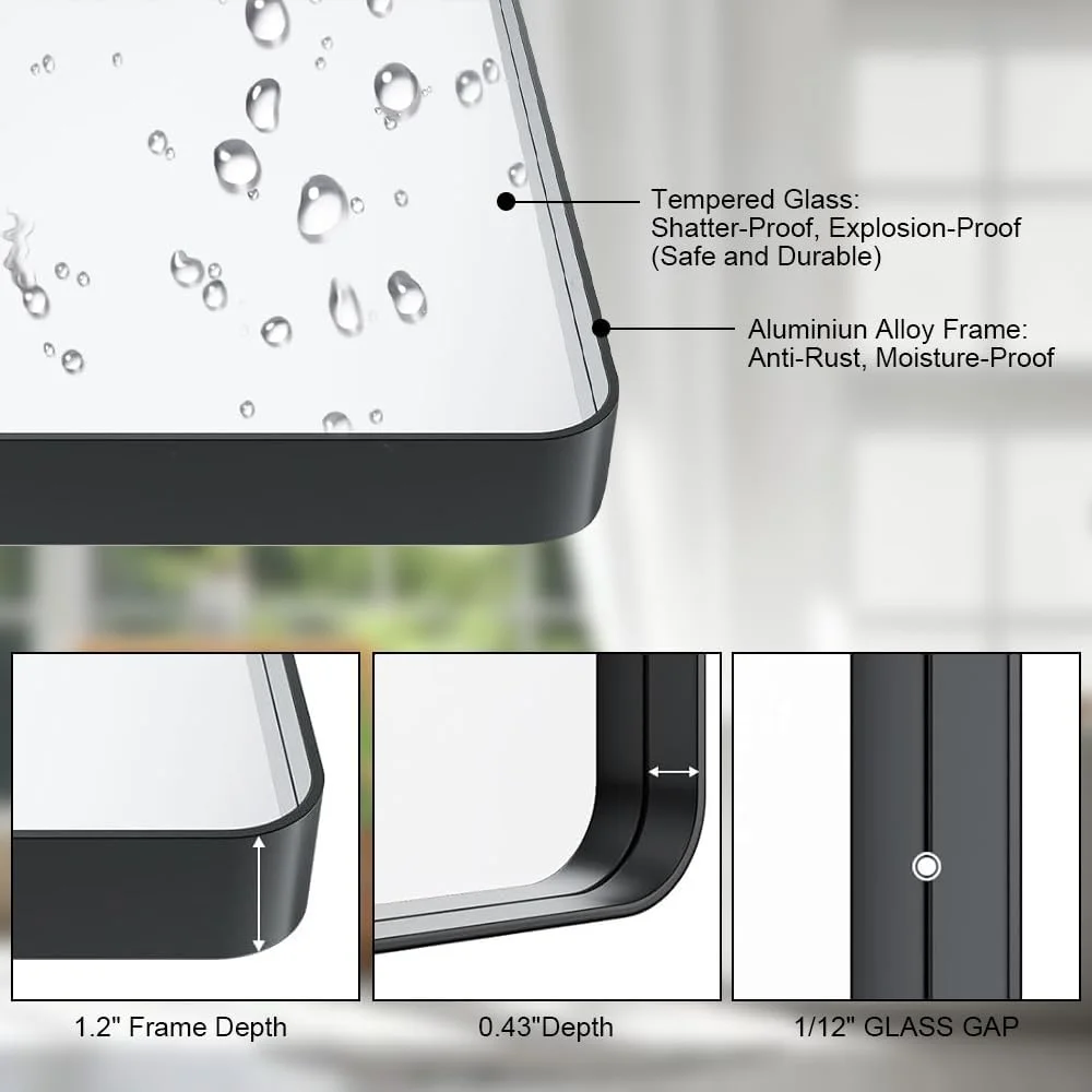 آینه حمام قاب فلزی مشکی Miroro، مستطیلی گرد، ضد زنگ، شیشه حرارت دیده، قابل نصب افقی یا عمودی، ابعاد 76.2 سانتی متر طول و 76.2 سانتی متر عرض