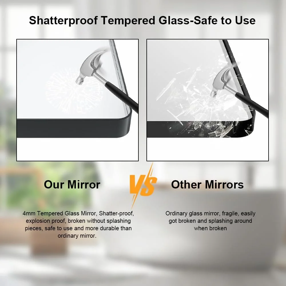 آینه حمام قاب فلزی مشکی Miroro، مستطیلی گرد، ضد زنگ، شیشه حرارت دیده، قابل نصب افقی یا عمودی، ابعاد 76.2 سانتی متر طول و 76.2 سانتی متر عرض