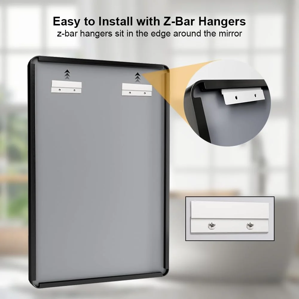 آینه حمام قاب فلزی مشکی Miroro، مستطیلی گرد، ضد زنگ، شیشه حرارت دیده، قابل نصب افقی یا عمودی، ابعاد 76.2 سانتی متر طول و 76.2 سانتی متر عرض