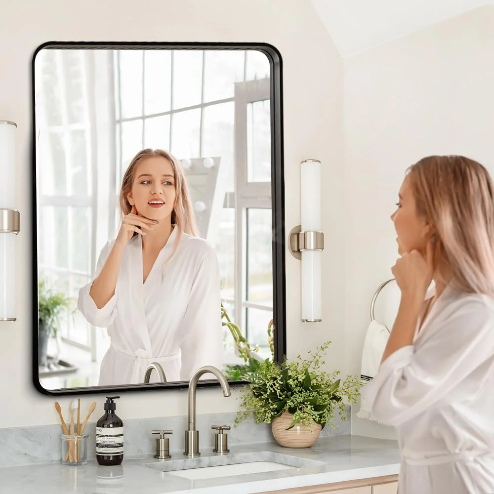 آینه حمام قاب فلزی مشکی Miroro، مستطیلی گرد، ضد زنگ، شیشه حرارت دیده، قابل نصب افقی یا عمودی، ابعاد 76.2 سانتی متر طول و 76.2 سانتی متر عرض