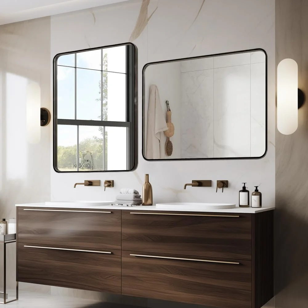 آینه حمام قاب فلزی مشکی Miroro، مستطیلی گرد، ضد زنگ، شیشه حرارت دیده، قابل نصب افقی یا عمودی، ابعاد 76.2 سانتی متر طول و 76.2 سانتی متر عرض