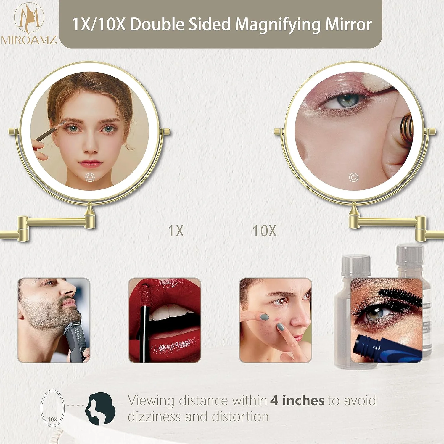 آینه آرایشی دیواری شارژی MIROAMZ با نور پس زمینه، 8 اینچ دو طرفه بزرگنمایی 1X 10X، آینه حمام، 3 رنگ نور، دیمر صفحه لمسی، چرخش 360 درجه، آینه اصلاح طلایی