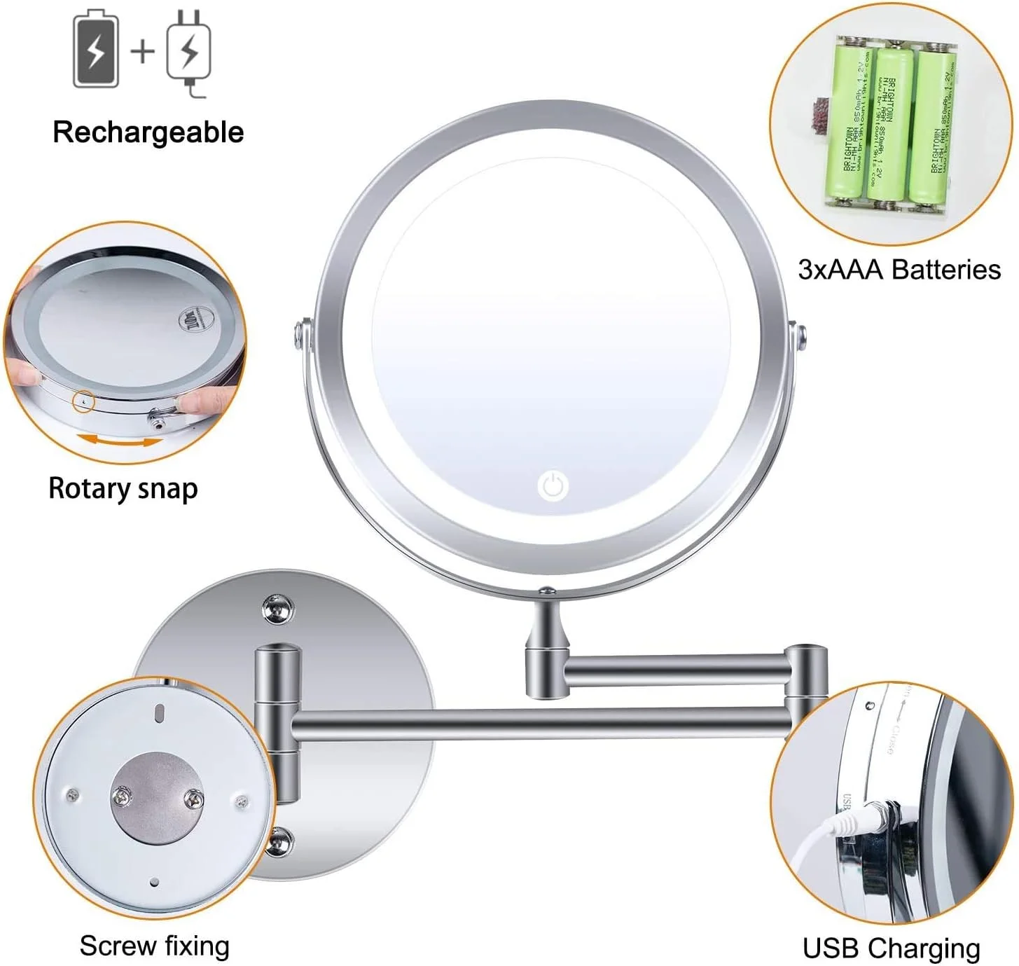 آینه آرایشی دیواری Minetom، بزرگنمایی 1X 10X، چرخش 360 درجه، دو طرفه با نور LED، مناسب برای حمام، با آداپتور AC یا باتری آینه آرایشی دیواری Minetom، بزرگنمایی 1X 10X، چرخش 360 درجه، دو طرفه با نور LED، مناسب برای حمام، با آداپتور AC یا باتری