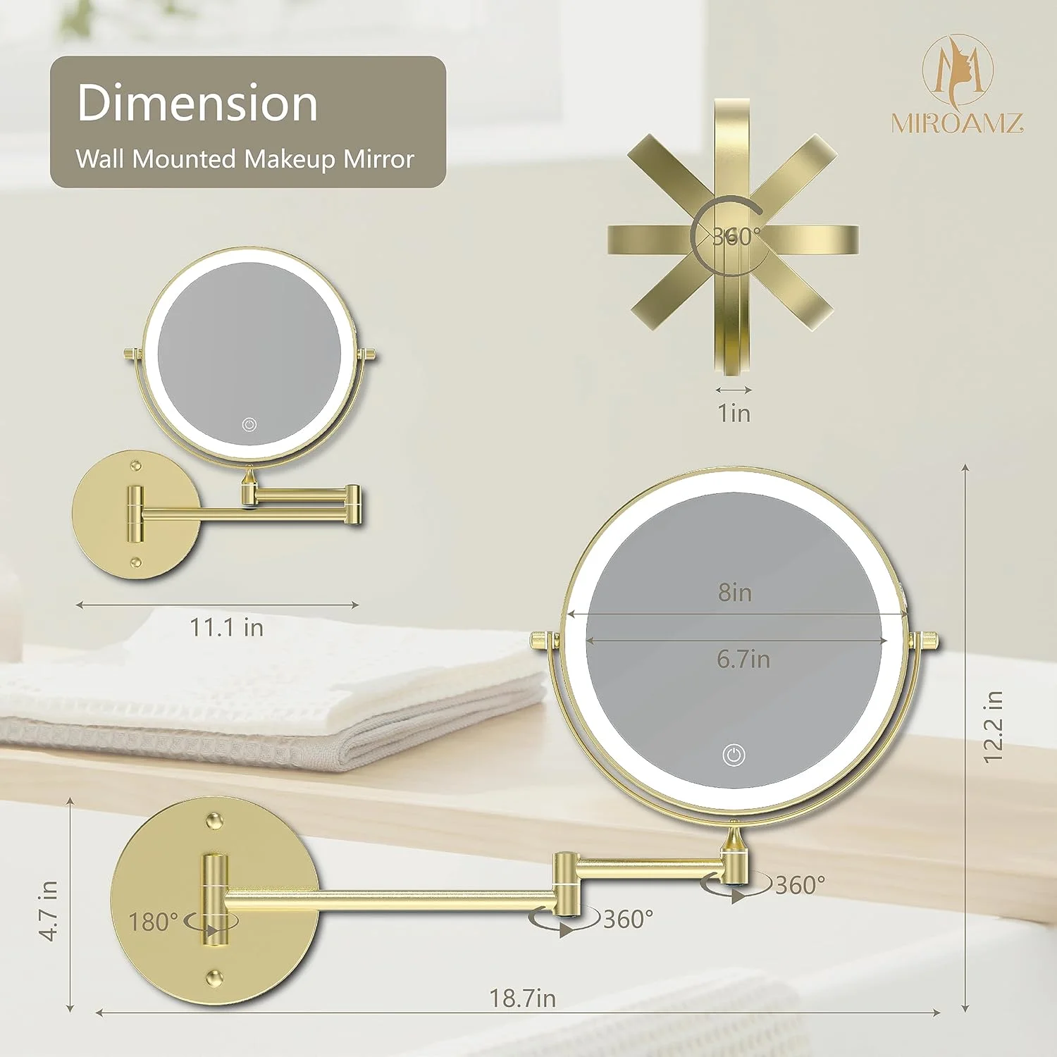 آینه آرایشی دیواری شارژی MIROAMZ با نور پس زمینه، 8 اینچ دو طرفه بزرگنمایی 1X 10X، آینه حمام، 3 رنگ نور، دیمر صفحه لمسی، چرخش 360 درجه، آینه اصلاح طلایی