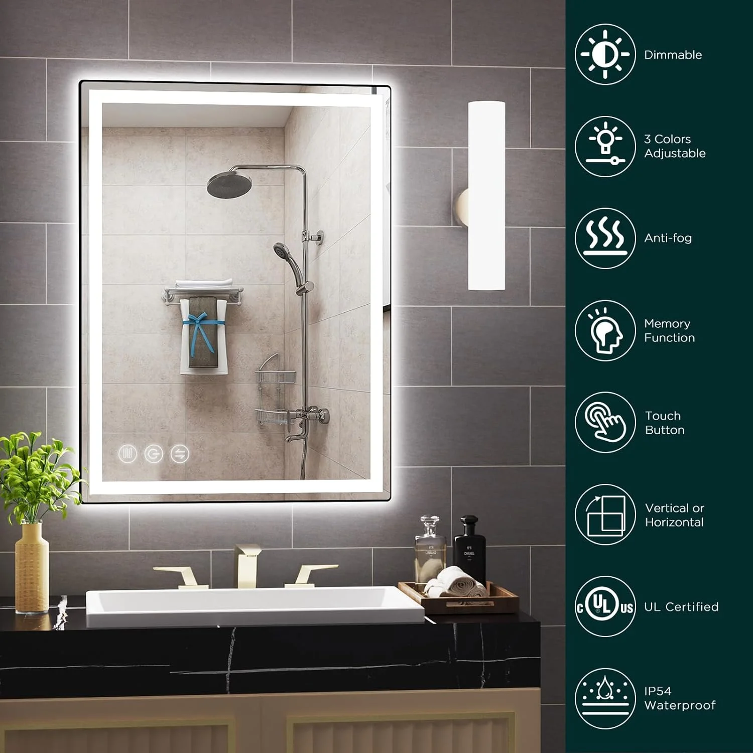 آینه حمام ال ای دی Memobarco با ابعاد 60x80 سانتی متر، آینه های دیواری با قابلیت تنظیم نور پیوسته و ضد بخار، CRI>90 قابل تنظیم، آینه روشویی با 3 حالت رنگی، ضد خرد شدن، آینه حمام حافظه دار با چراغ های ال ای دی