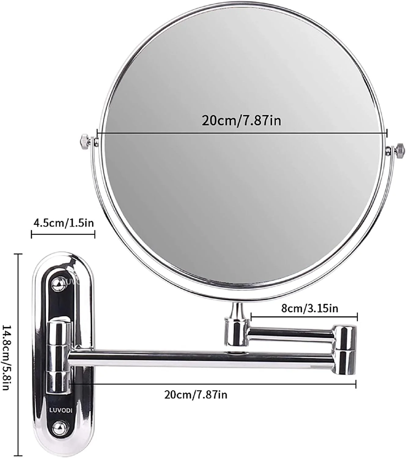آینه دیواری بزرگنمایی medla، دو طرفه، مناسب آرایش و اصلاح، با قابلیت چرخش 360 درجه و بازوهای تاشو، مناسب منزل، هتل و اسپا، ابعاد 25 در 20 سانتی متر
