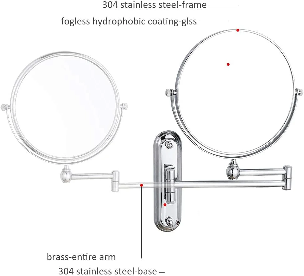 آینه دیواری بزرگنمایی medla، دو طرفه، مناسب آرایش و اصلاح، با قابلیت چرخش 360 درجه و بازوهای تاشو، مناسب منزل، هتل و اسپا، ابعاد 25 در 20 سانتی متر