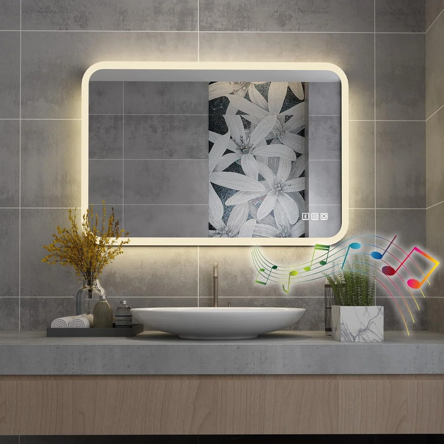 آینه حمام ال ای دی MIQU، ابعاد 80 در 60 سانتی متر، آینه بزرگ با نور، کلید لمسی، دیمر دار، مستطیلی، آینه دیواری با بلوتوث + دوشاخه + 3 رنگ نور آینه حمام ال ای دی MIQU، ابعاد 80 در 60 سانتی متر، آینه بزرگ با نور، کلید لمسی، دیمر دار، مستطیلی، آینه دیواری با بلوتوث + دوشاخه + 3 رنگ نور