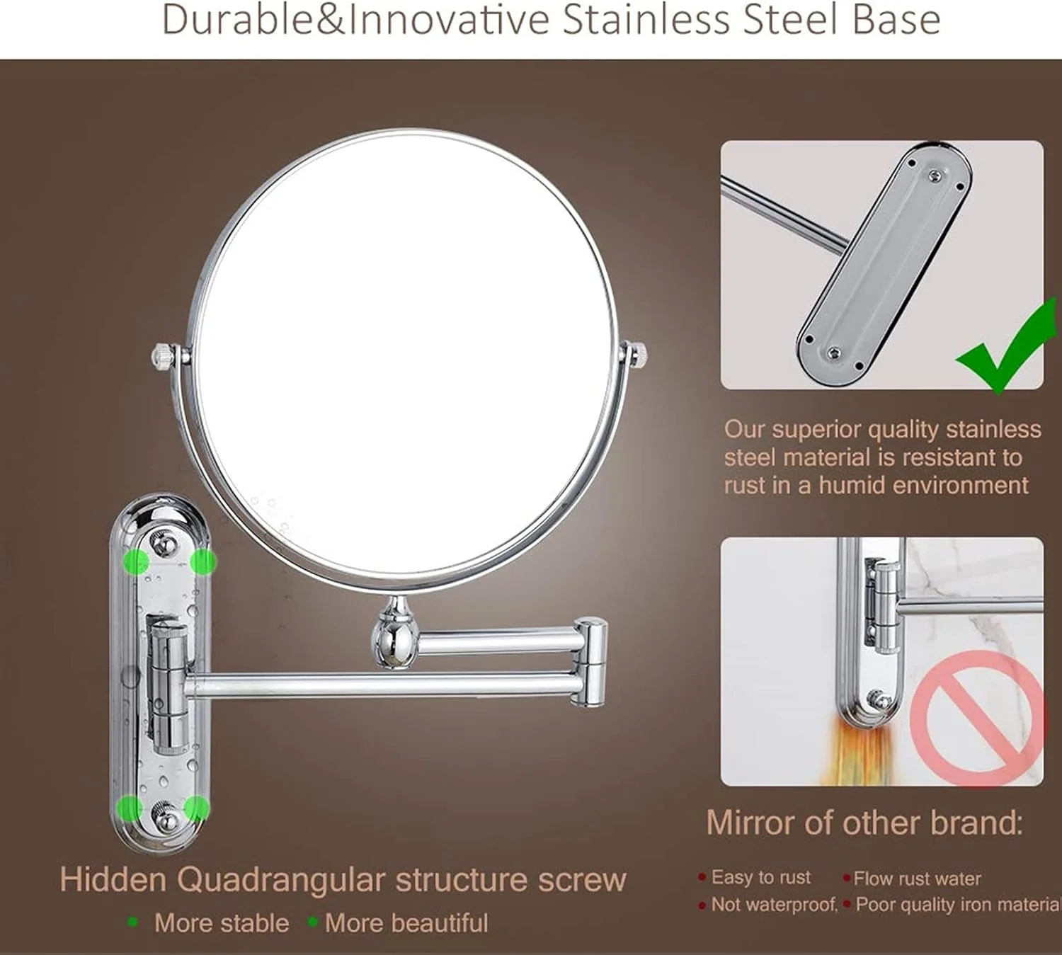 آینه دیواری بزرگنمایی medla، دو طرفه، مناسب آرایش و اصلاح، با قابلیت چرخش 360 درجه و بازوهای تاشو، مناسب منزل، هتل و اسپا، ابعاد 25 در 20 سانتی متر