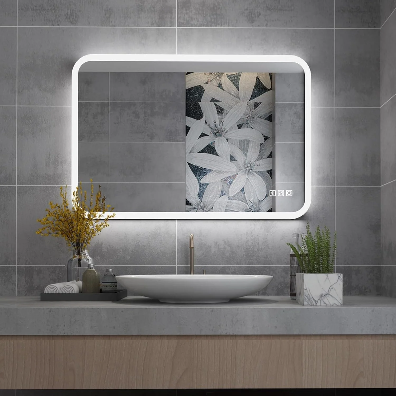 آینه حمام ال ای دی MIQU، ابعاد 80 در 60 سانتی متر، آینه بزرگ با نور، کلید لمسی، دیمر دار، مستطیلی، آینه دیواری با بلوتوث + دوشاخه + 3 رنگ نور آینه حمام ال ای دی MIQU، ابعاد 80 در 60 سانتی متر، آینه بزرگ با نور، کلید لمسی، دیمر دار، مستطیلی، آینه دیواری با بلوتوث + دوشاخه + 3 رنگ نور