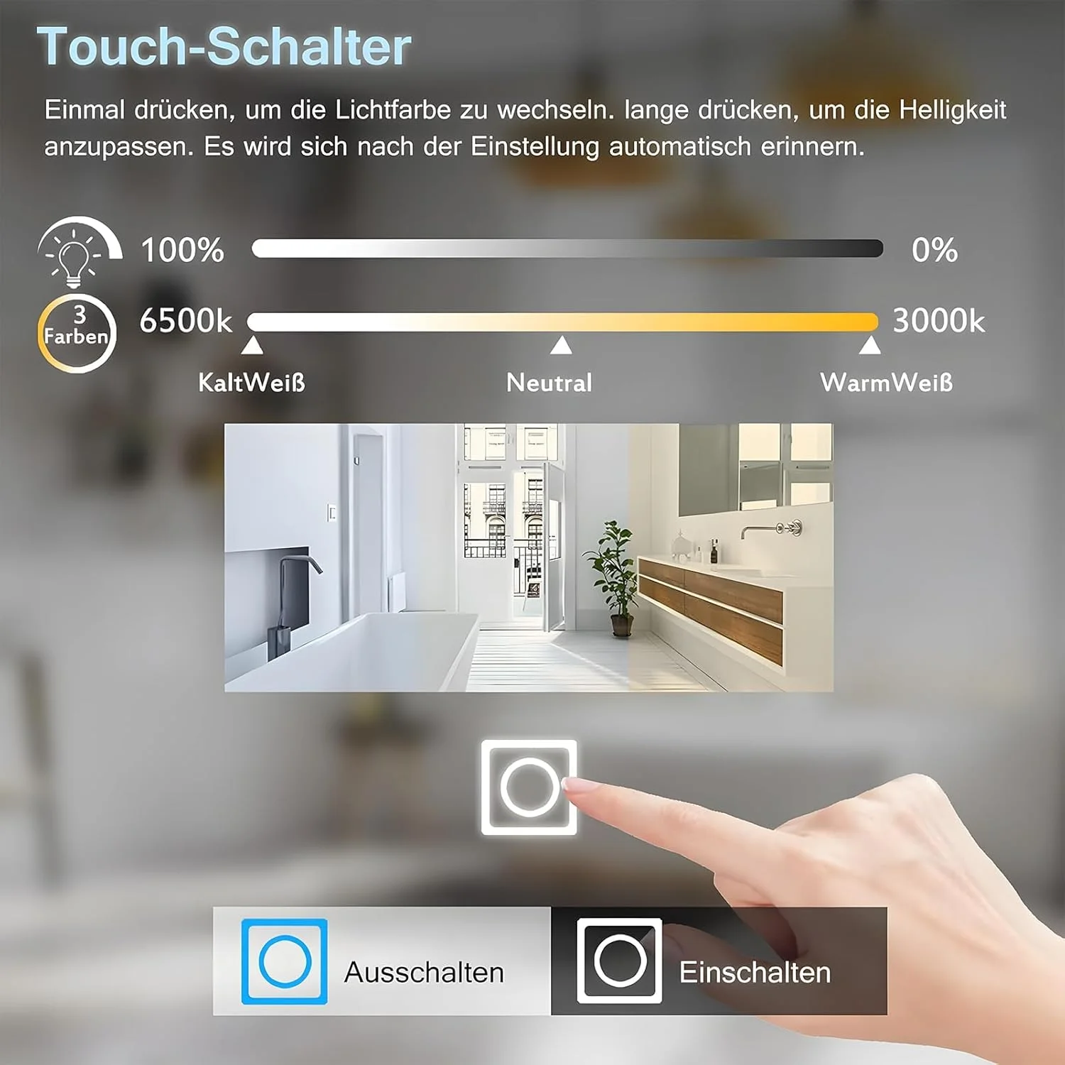 آینه حمام ال ای دی MIQU، ابعاد 80 در 60 سانتی متر، آینه بزرگ با نور، کلید لمسی، دیمر دار، مستطیلی، آینه دیواری با بلوتوث + دوشاخه + 3 رنگ نور آینه حمام ال ای دی MIQU، ابعاد 80 در 60 سانتی متر، آینه بزرگ با نور، کلید لمسی، دیمر دار، مستطیلی، آینه دیواری با بلوتوث + دوشاخه + 3 رنگ نور