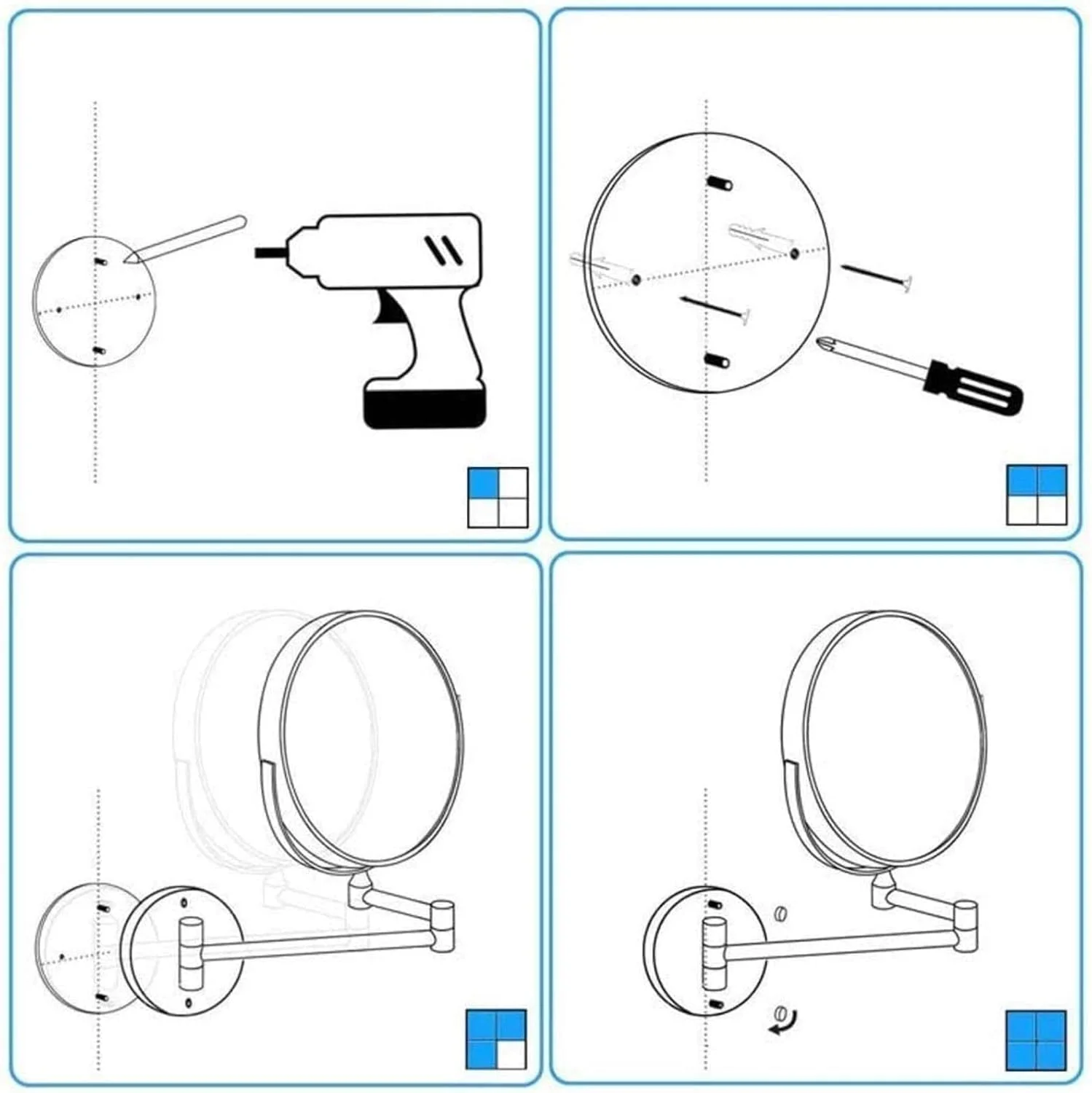 آینه آرایشی دیواری، آینه حمام گرد 8 اینچی، آینه آرایشی دو طرفه با چرخش 360 درجه