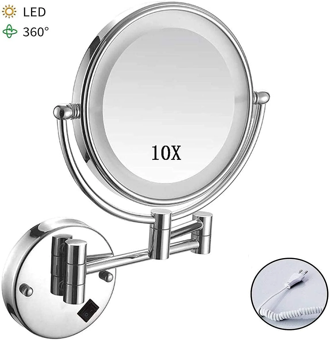 آینه آرایشی دیواری، آینه آرایشی با بزرگنمایی 10 برابر با چراغ های LED، آینه دو طرفه آینه حمام با چرخش 360 درجه (رنگ: مسی عتیقه) (رزگلد)