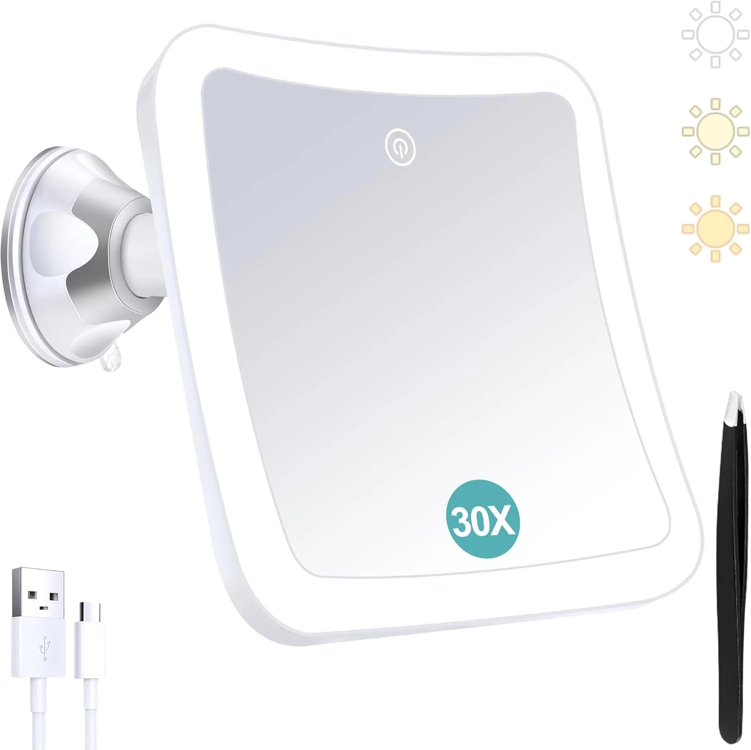 آینه بزرگنمایی با نور، آینه آرایشی روشن با بزرگنمایی 30 برابر با کنترل لمسی و مکنده، قابل شارژ، 3 رنگ نورپردازی، چرخش 360 درجه، آینه روشویی حمام و مسافرتی، مربعی