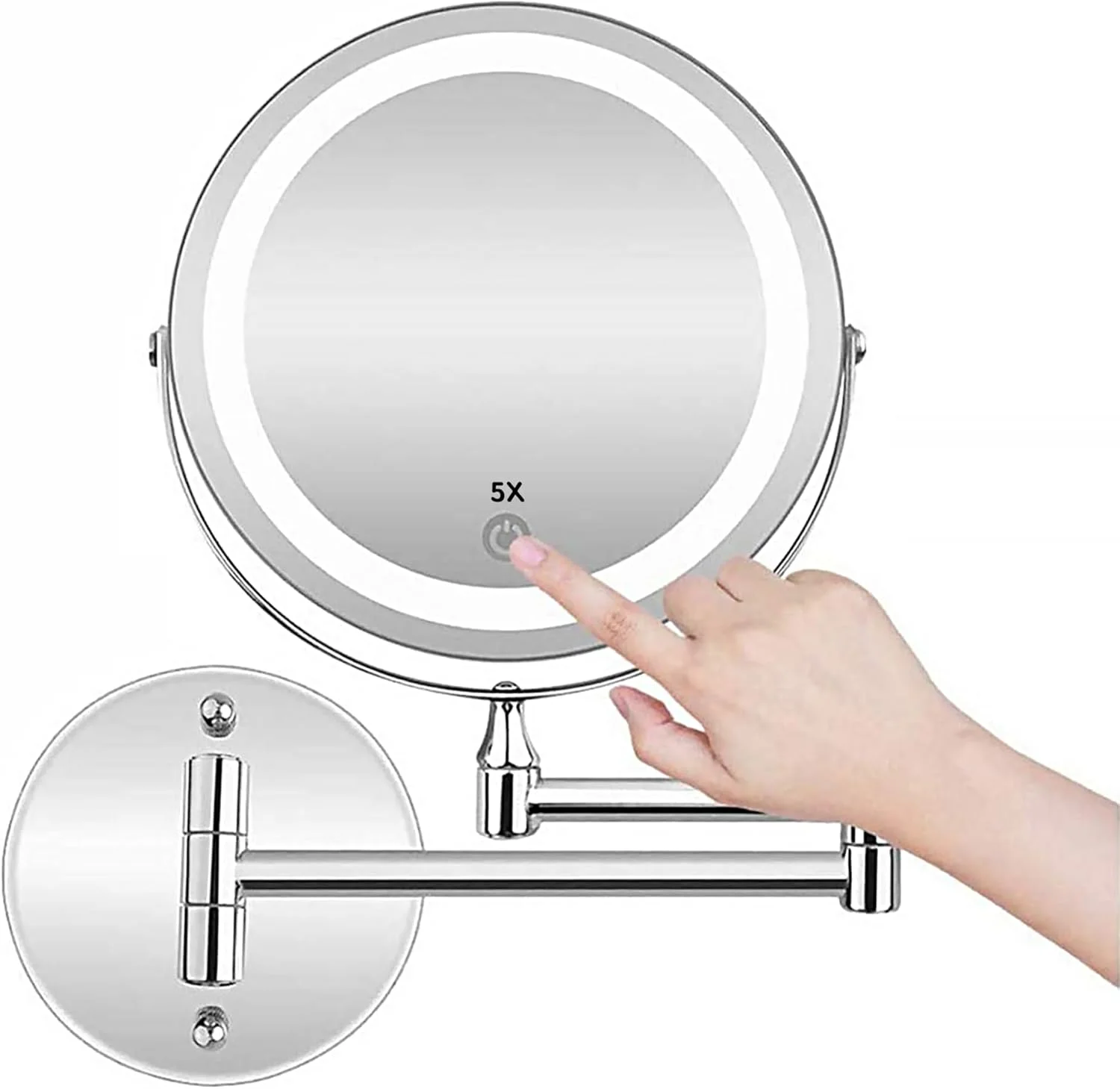 آینه آرایشی بزرگنمایی 1X/5X مونیرف با چراغ های LED، آینه آرایشی دیواری با باتری AAA و 3 رنگ نور و صفحه لمسی دیمر دار، آینه روشنایی دار 7 اینچی/18 سانتی متری