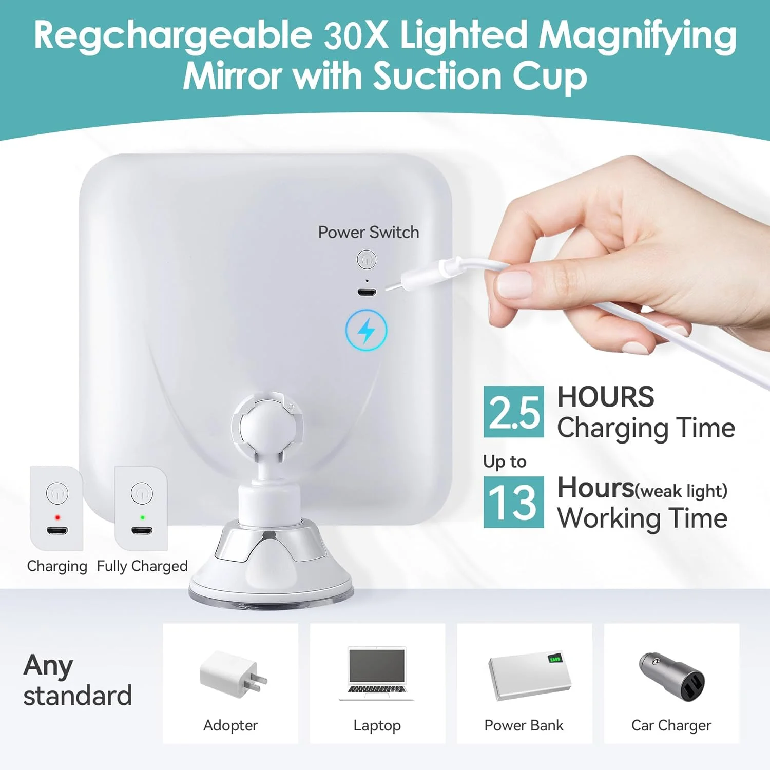 آینه بزرگنمایی با نور، آینه آرایشی روشن با بزرگنمایی 30 برابر با کنترل لمسی و مکنده، قابل شارژ، 3 رنگ نورپردازی، چرخش 360 درجه، آینه روشویی حمام و مسافرتی، مربعی آینه بزرگنمایی با نور، آینه آرایشی روشن با بزرگنمایی 30 برابر با کنترل لمسی و مکنده، قابل شارژ، 3 رنگ نورپردازی، چرخش 360 درجه، آینه روشویی حمام و مسافرتی، مربعی