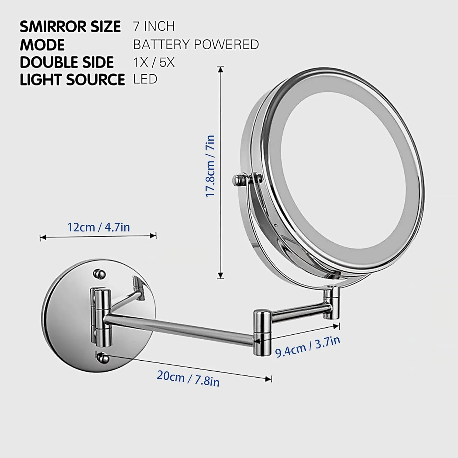 آینه آرایشی بزرگنمایی 1X/5X مونیرف با چراغ های LED، آینه آرایشی دیواری با باتری AAA و 3 رنگ نور و صفحه لمسی دیمر دار، آینه روشنایی دار 7 اینچی/18 سانتی متری آینه آرایشی بزرگنمایی 1X/5X مونیرف با چراغ های LED، آینه آرایشی دیواری با باتری AAA و 3 رنگ نور و صفحه لمسی دیمر دار، آینه روشنایی دار 7 اینچی/18 سانتی متری