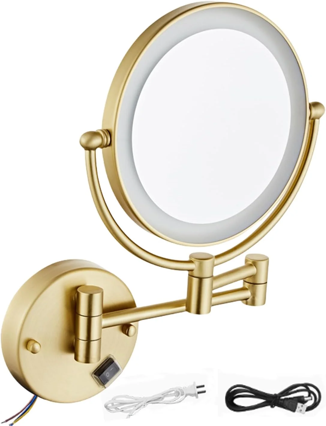 آینه آرایشی دیواری با نور، آینه دو طرفه بزرگنمایی بازوی متحرک 360 درجه چرخان LED، آینه اصلاح صورت، آینه با بزرگنمایی 10 برابر برای حمام و اتاق خواب، سیم کشی ثابت، طلایی برس خورده