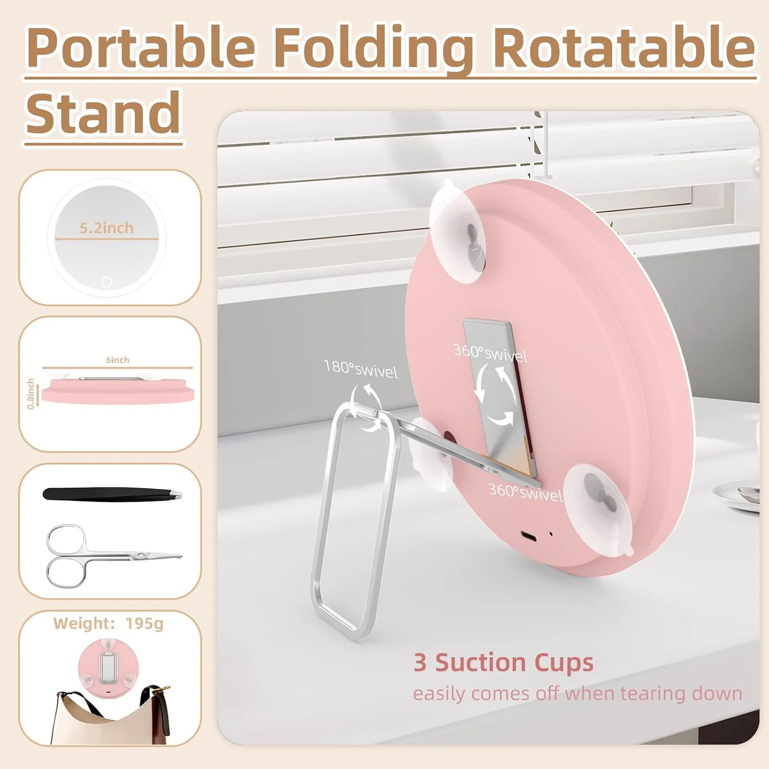 آینه بزرگنمایی 5 برابر با نور، آینه آرایشی بزرگنمایی 5x بزرگ، آینه بزرگنمایی 5x با نور و پایه قابل تنظیم و فنجان مکش، آینه مسافرتی جمع و جور 5x LED