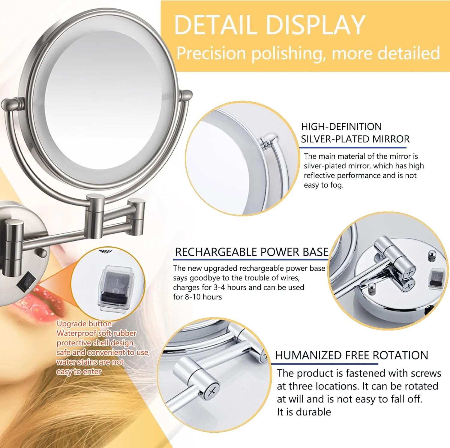 آینه آرایشی دیواری با نور، آینه دو طرفه بزرگنمایی بازوی متحرک 360 درجه چرخان LED، آینه اصلاح صورت، آینه با بزرگنمایی 10 برابر برای حمام و اتاق خواب، سیم کشی ثابت، طلایی برس خورده آینه آرایشی دیواری با نور، آینه دو طرفه بزرگنمایی بازوی متحرک 360 درجه چرخان LED، آینه اصلاح صورت، آینه با بزرگنمایی 10 برابر برای حمام و اتاق خواب، سیم کشی ثابت، طلایی برس خورده