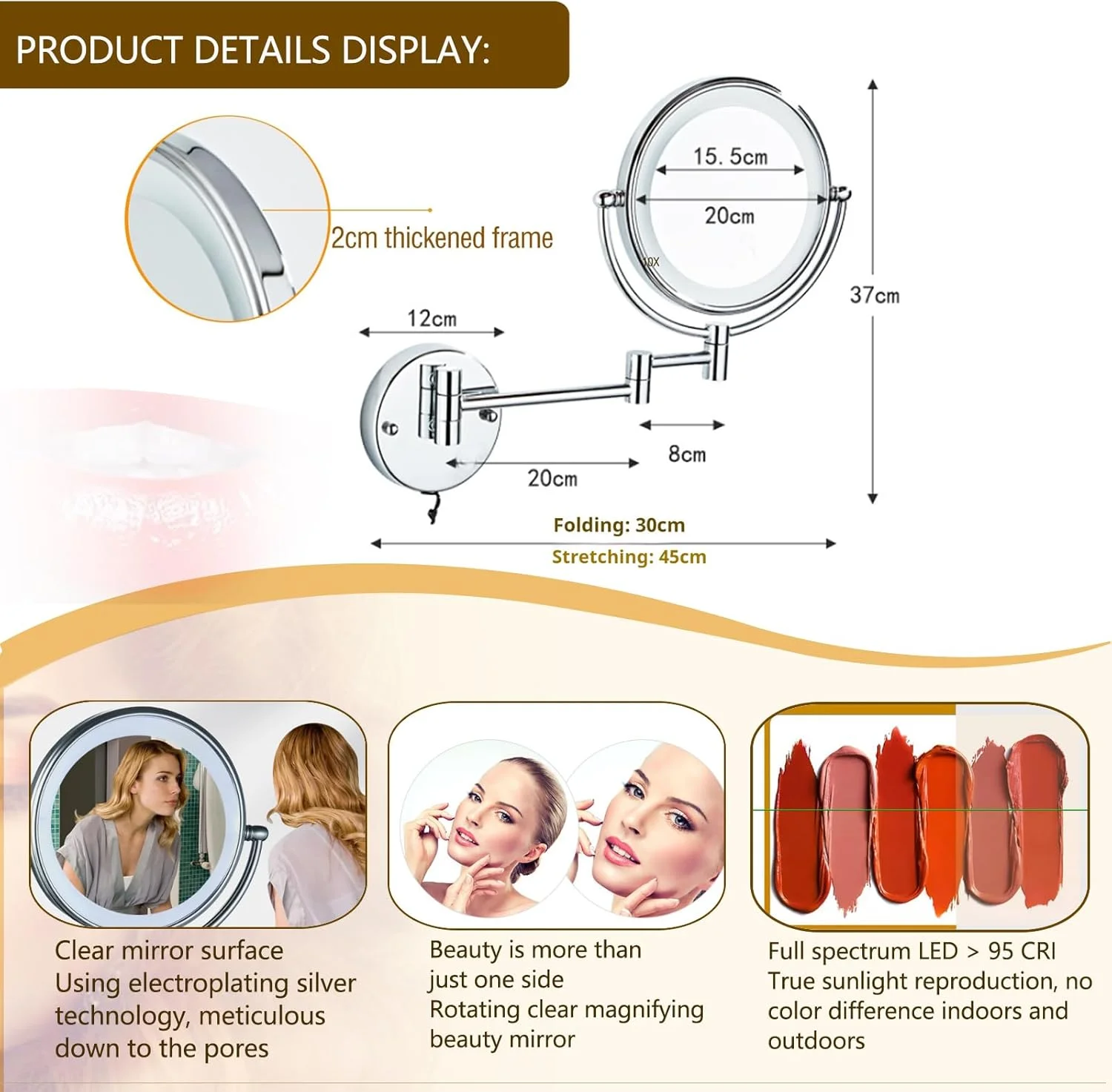آینه آرایشی دیواری با نور، آینه دو طرفه بزرگنمایی بازوی متحرک 360 درجه چرخان LED، آینه اصلاح صورت، آینه با بزرگنمایی 10 برابر برای حمام و اتاق خواب، سیم کشی ثابت، طلایی برس خورده آینه آرایشی دیواری با نور، آینه دو طرفه بزرگنمایی بازوی متحرک 360 درجه چرخان LED، آینه اصلاح صورت، آینه با بزرگنمایی 10 برابر برای حمام و اتاق خواب، سیم کشی ثابت، طلایی برس خورده