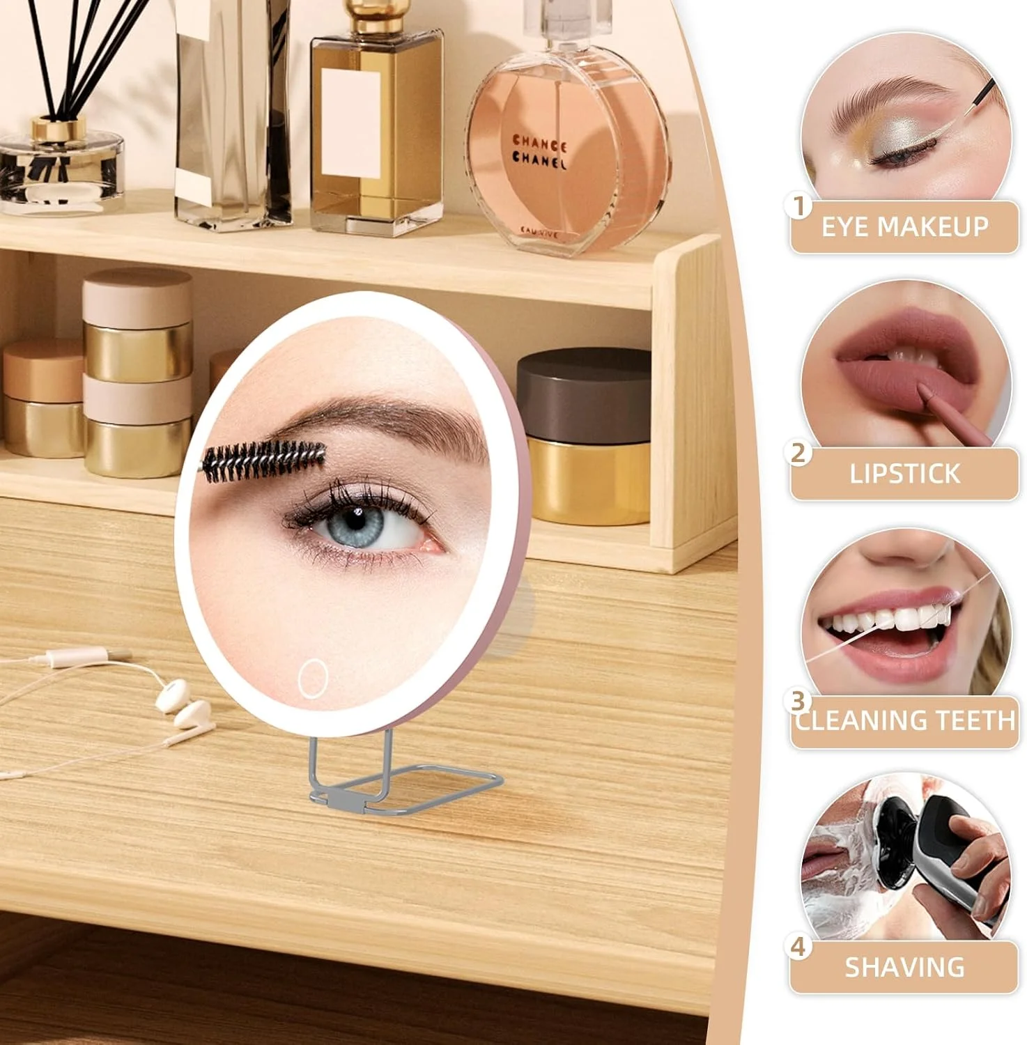 آینه بزرگنمایی 5 برابر با نور، آینه آرایشی بزرگنمایی 5x بزرگ، آینه بزرگنمایی 5x با نور و پایه قابل تنظیم و فنجان مکش، آینه مسافرتی جمع و جور 5x LED