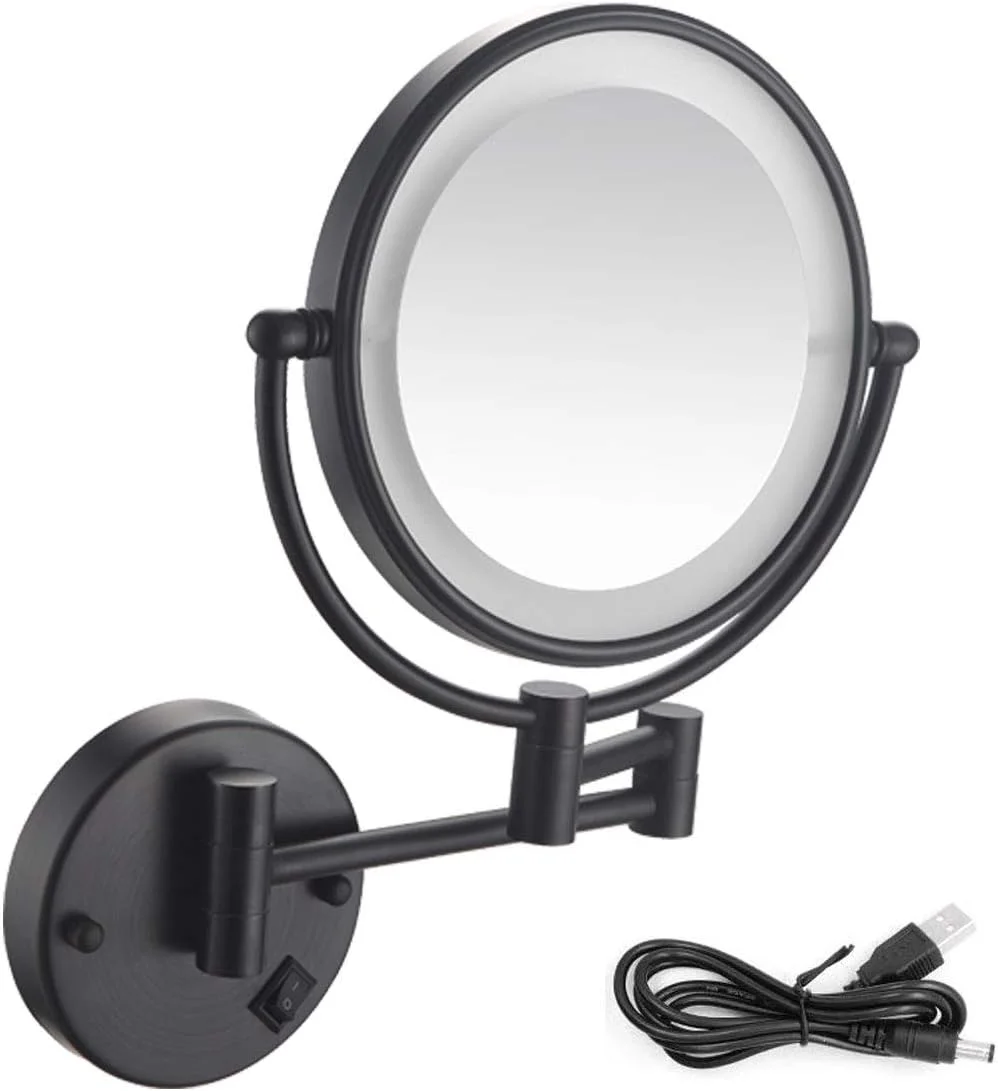 آینه آرایشی دیواری با چراغ، آینه بزرگنمایی 5X، آینه دو طرفه چرخان 360 درجه قابل گسترش برای حمام، قابل شارژ USB، مشکی